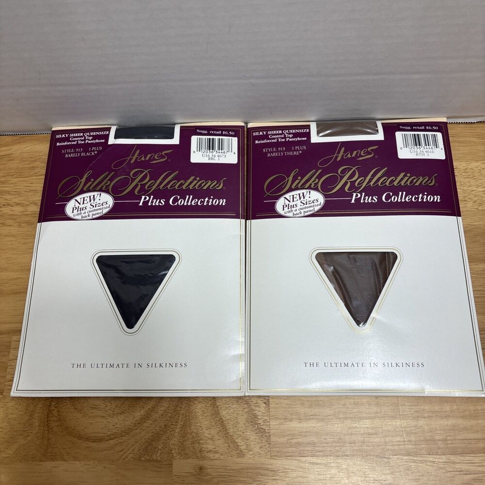 Vtg 2 Pairs Hanes Silk Reflections hose Queen 1 Plus Barely Black - Barely There